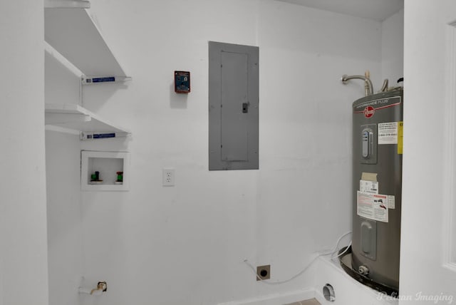 10553 White Oak Dr, Keithville, LA 71047 - clothes washing area with electric dryer hookup, hookup for a washing machine, electric panel, and water heater