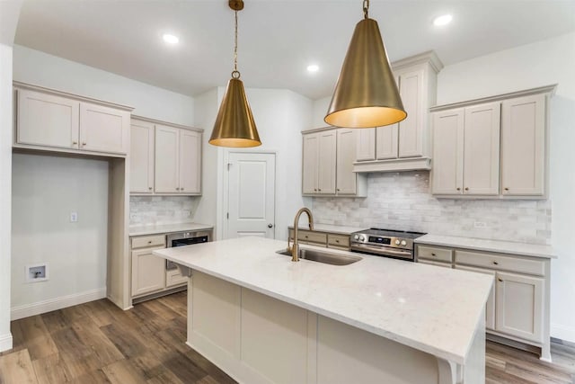 782 Sterling Dr, Benbrook, TX 76126 - kitchen with a sink, stainless steel stove, backsplash, dark wood-type flooring, and baseboards