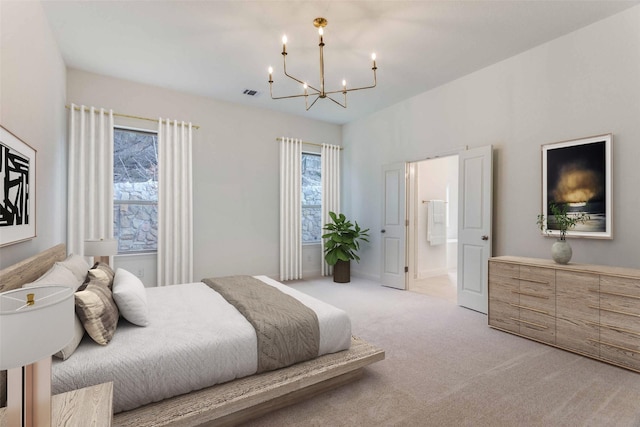 782 Sterling Dr, Benbrook, TX 76126 - bedroom with a chandelier, light carpet, and connected bathroom