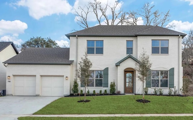 view of front of house featuring a garage, central air condition unit, and a front lawn