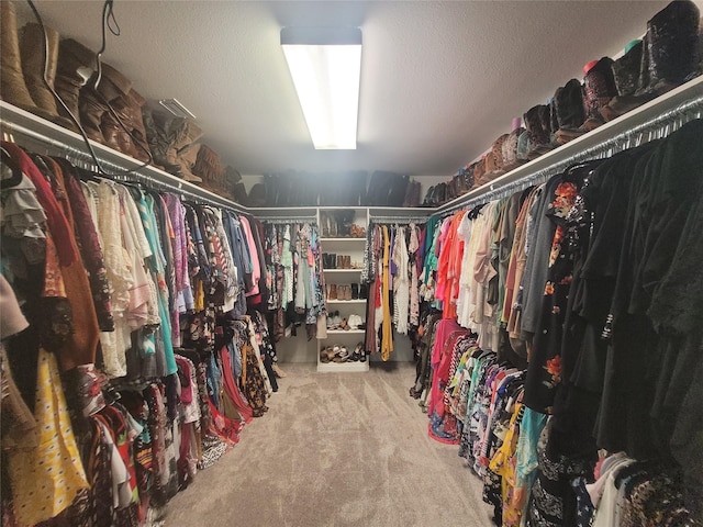 walk in closet featuring light colored carpet