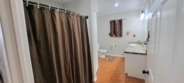 bathroom with vanity, wood-type flooring, and toilet