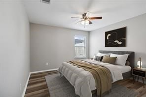 bedroom featuring ceiling fan, visible vents, baseboards, and dark wood finished floors