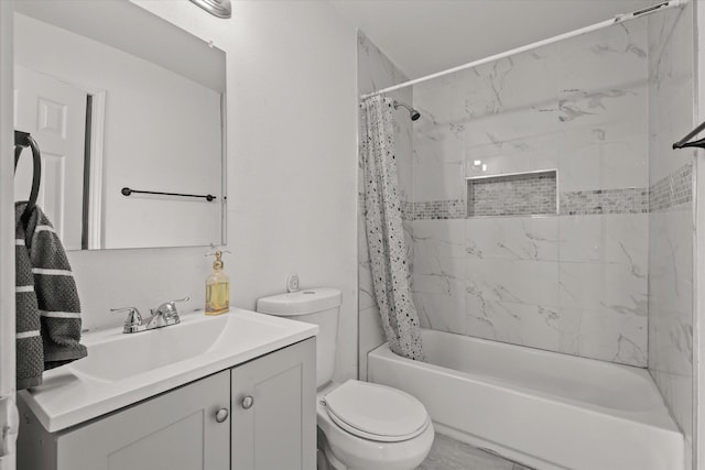 full bathroom with vanity, shower / bath combination with curtain, and toilet