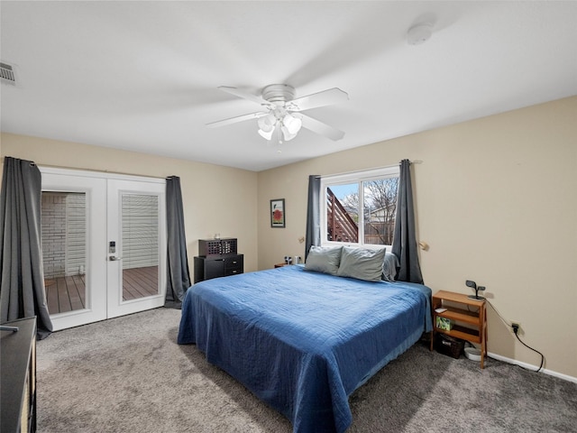 bedroom with access to exterior, french doors, ceiling fan, and carpet flooring