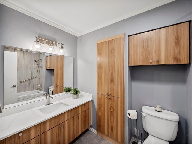 full bathroom featuring shower / washtub combination, vanity, toilet, crown molding, and tile patterned floors