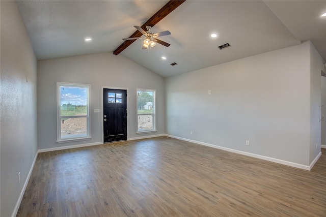 4340 Fm 1563, Wolfe City, TX 75496 - entryway with lofted ceiling with beams, wood finished floors, baseboards, visible vents, and ceiling fan