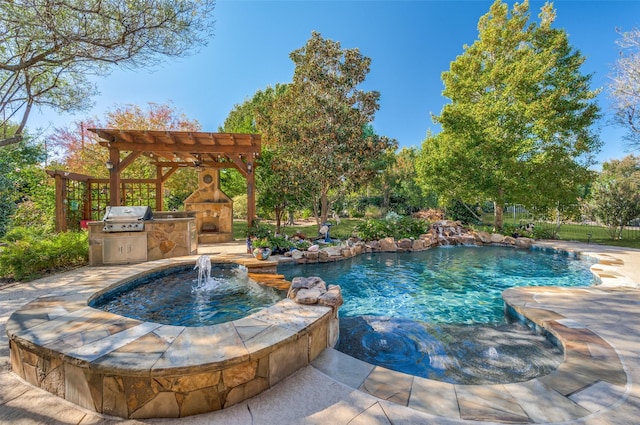 view of swimming pool with pool water feature, area for grilling, grilling area, and a pergola