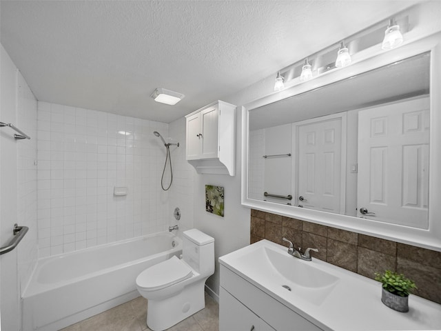 full bathroom with bathing tub / shower combination, toilet, vanity, a textured ceiling, and tile patterned floors