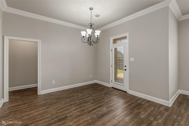 interior space featuring crown molding, dark wood-type flooring, and an inviting chandelier