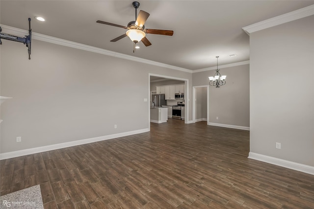 unfurnished living room featuring ceiling fan with notable chandelier, dark wood-type flooring, and ornamental molding