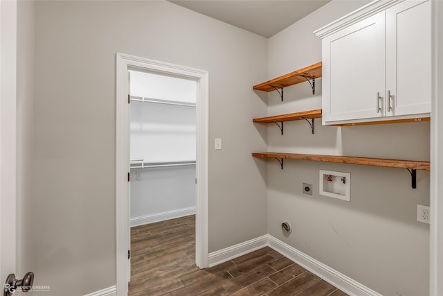 laundry area with cabinets, electric dryer hookup, dark hardwood / wood-style floors, and washer hookup