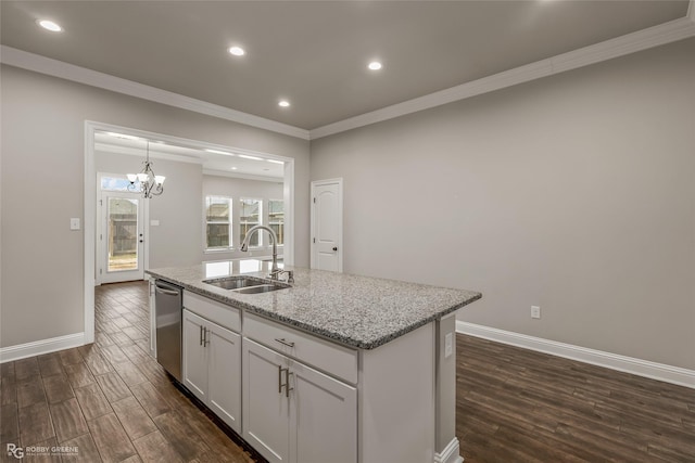 kitchen with sink, light stone counters, white cabinets, a center island with sink, and stainless steel dishwasher