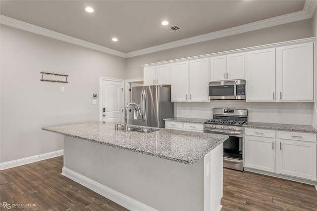 kitchen with white cabinetry, sink, a kitchen island with sink, and stainless steel appliances