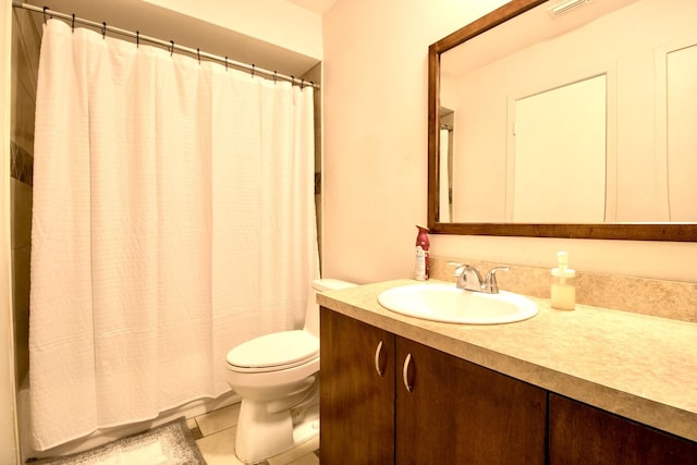 full bathroom with tile patterned flooring, visible vents, vanity, and toilet