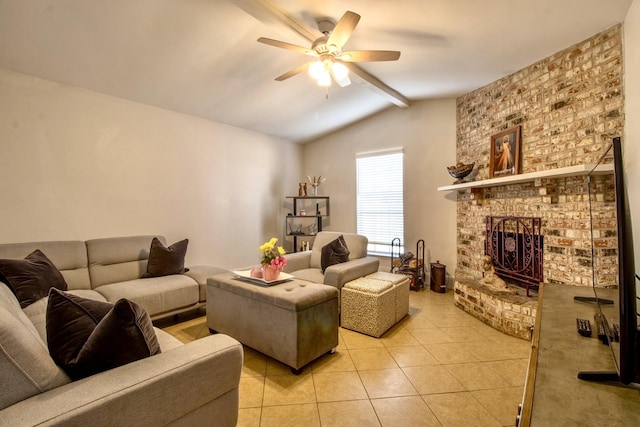 living area with vaulted ceiling with beams, light tile patterned floors, a fireplace, and a ceiling fan