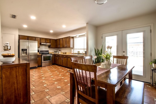 interior space featuring visible vents, appliances with stainless steel finishes, french doors, under cabinet range hood, and recessed lighting