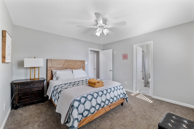 bedroom with ensuite bathroom, ceiling fan, and carpet flooring