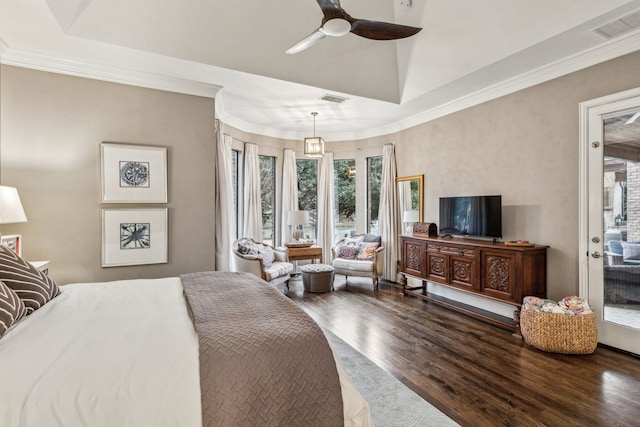 bedroom with dark wood-type flooring and crown molding