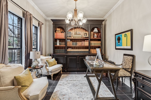 tiled office featuring a chandelier and crown molding