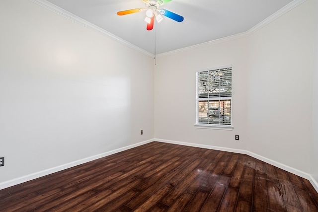 spare room featuring ornamental molding, ceiling fan, and dark hardwood / wood-style flooring