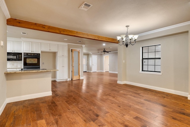 unfurnished living room with beamed ceiling, crown molding, ceiling fan with notable chandelier, and hardwood / wood-style floors