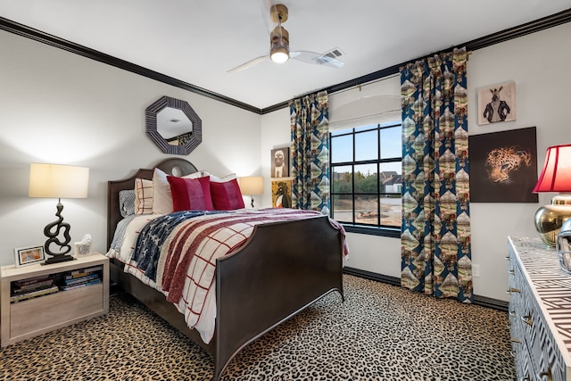 bedroom featuring crown molding and ceiling fan