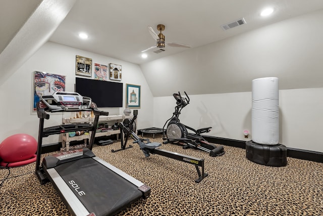 exercise room with vaulted ceiling, carpet floors, and ceiling fan