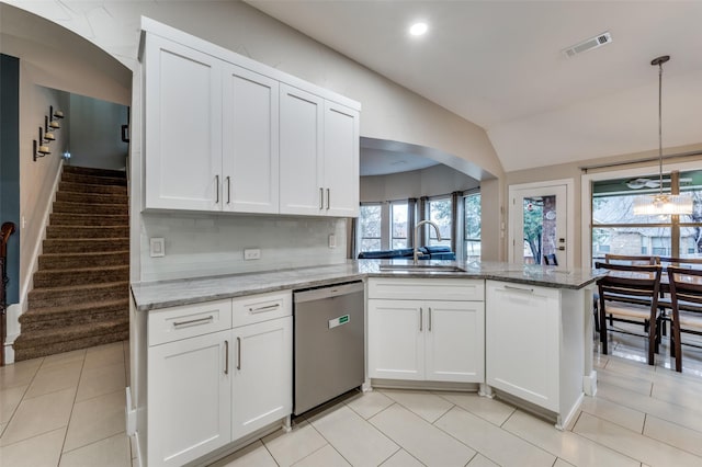 kitchen with white cabinetry, dishwasher, light stone counters, kitchen peninsula, and sink