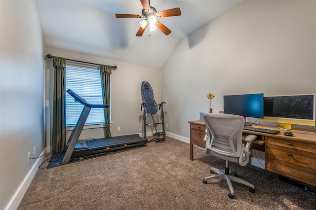 carpeted office space featuring lofted ceiling and ceiling fan