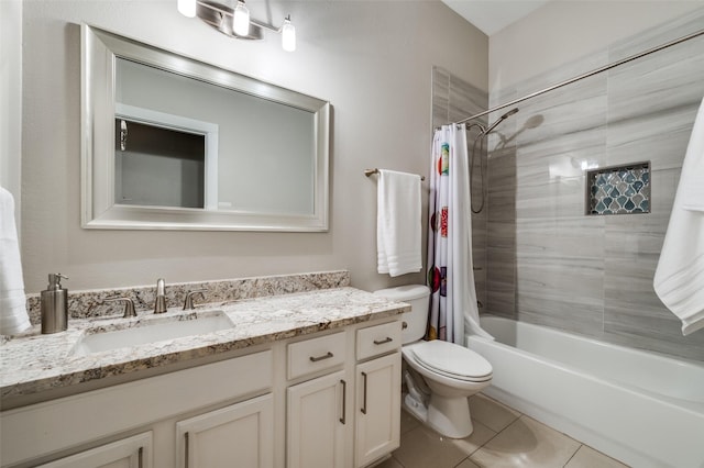 full bathroom with tile patterned floors, vanity, toilet, and shower / tub combo with curtain