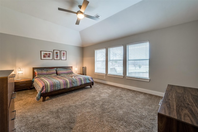 carpeted bedroom featuring ceiling fan and lofted ceiling