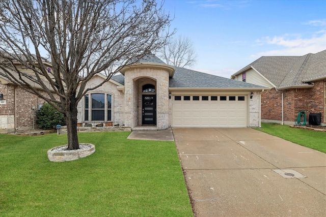 view of front of property with a garage, a front yard, concrete driveway, and a shingled roof