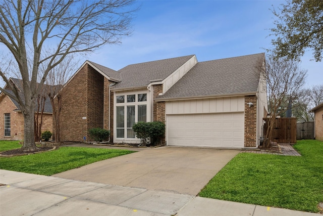 ranch-style house with a garage and a front yard