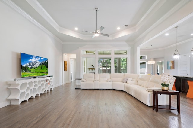 living area featuring ornamental molding, a raised ceiling, wood finished floors, and recessed lighting