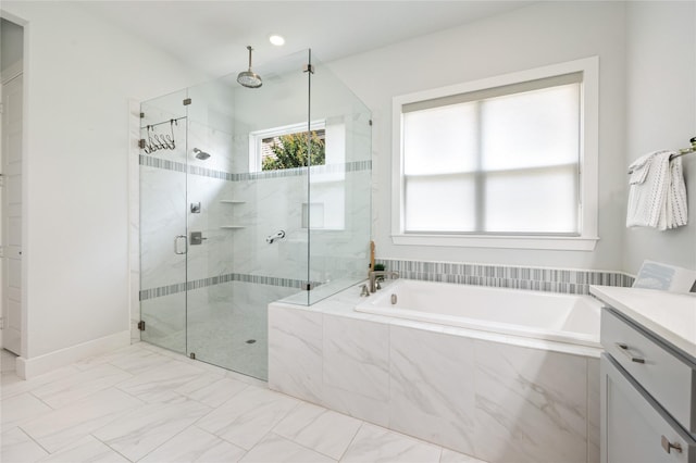 full bath featuring vanity, baseboards, marble finish floor, a shower stall, and a bath