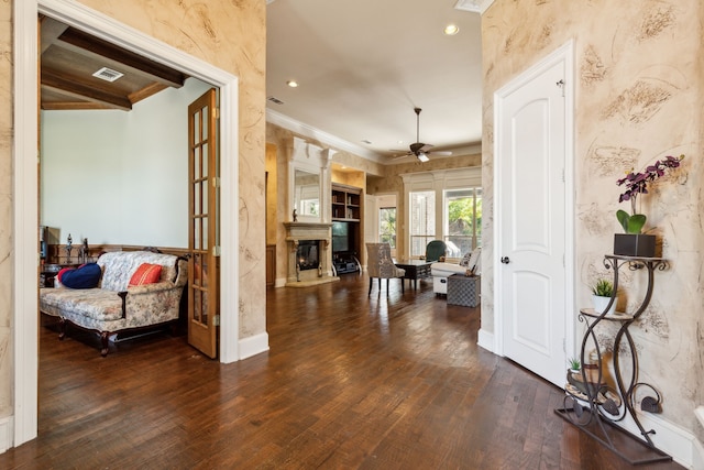 hall with crown molding and dark wood-type flooring