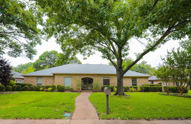 ranch-style home featuring a front lawn