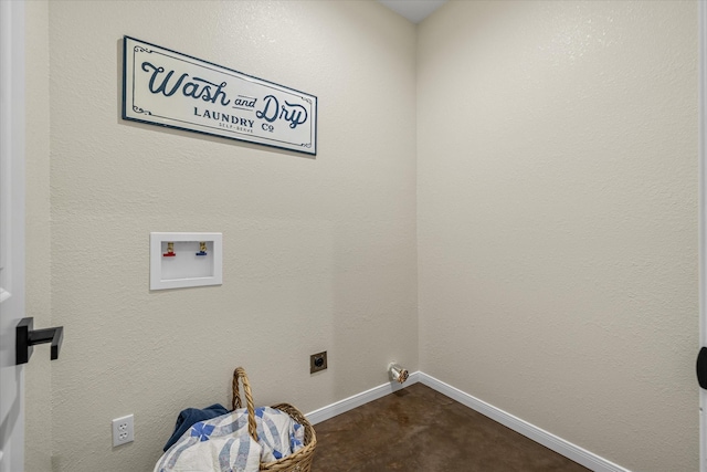 laundry area featuring laundry area, baseboards, dark carpet, washer hookup, and electric dryer hookup