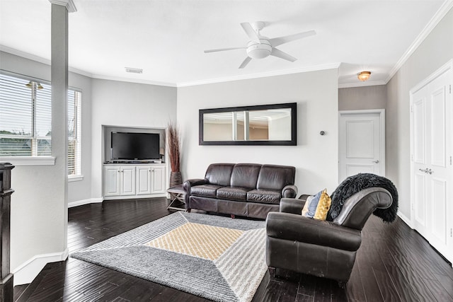 living room featuring ornamental molding, dark hardwood / wood-style floors, and ceiling fan