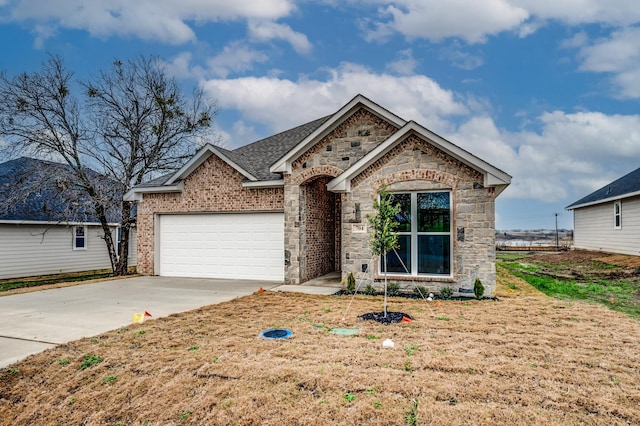 view of front of house with a garage, stone siding, brick siding, and driveway