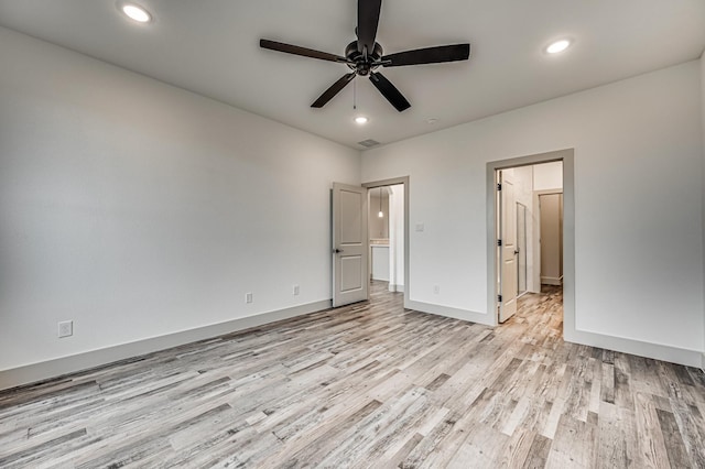 unfurnished bedroom featuring ceiling fan, recessed lighting, visible vents, baseboards, and light wood finished floors