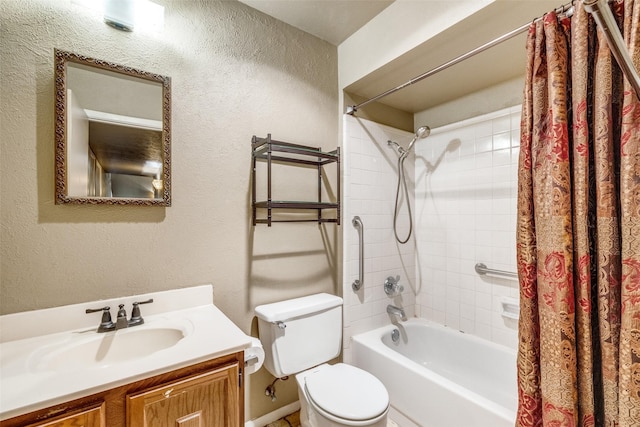 full bathroom with vanity, shower / tub combo with curtain, and toilet