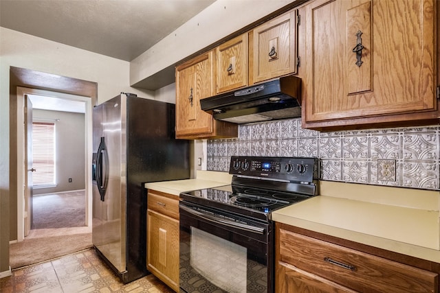 kitchen with tasteful backsplash, black electric range oven, and stainless steel refrigerator with ice dispenser