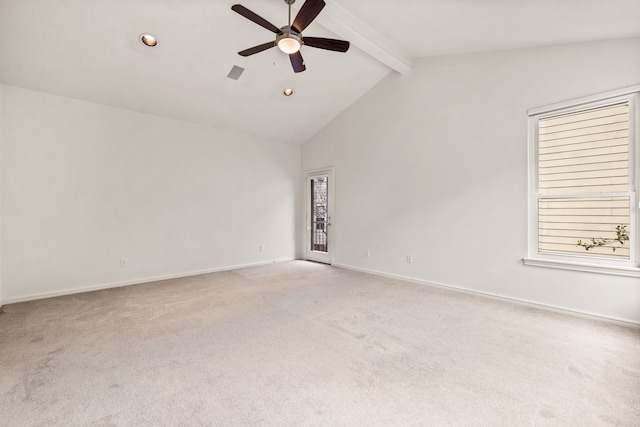 carpeted spare room with beamed ceiling, ceiling fan, and high vaulted ceiling