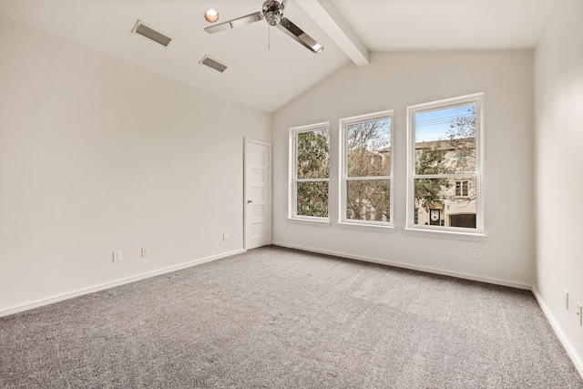 unfurnished room featuring carpet floors, lofted ceiling with beams, and ceiling fan