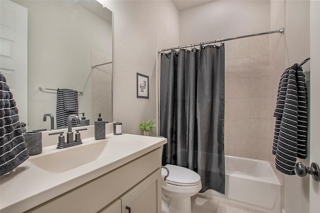 full bathroom featuring vanity, tile patterned flooring, shower / bath combination with curtain, and toilet