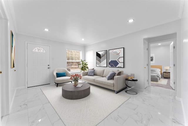 living room with recessed lighting, marble finish floor, baseboards, and ornamental molding