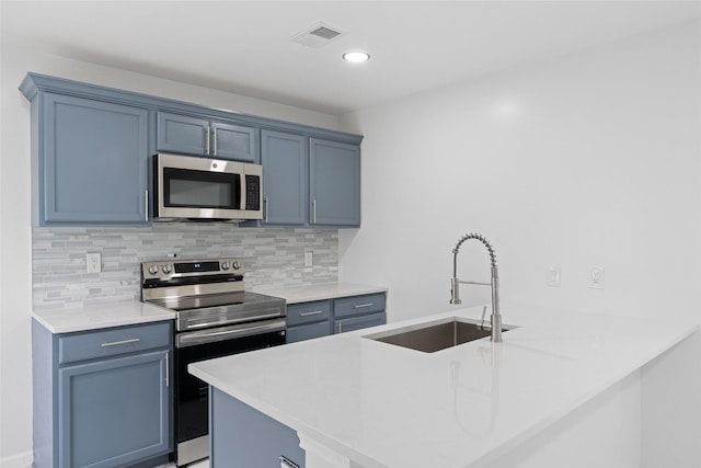 kitchen featuring visible vents, a peninsula, a sink, stainless steel appliances, and backsplash