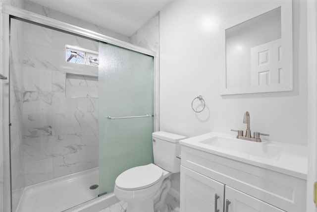 full bathroom with a marble finish shower, marble finish floor, toilet, and vanity